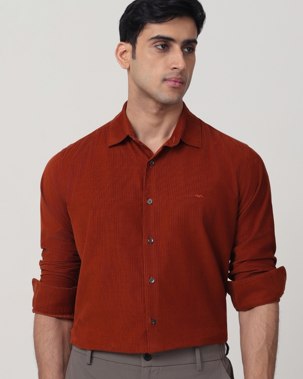 Rust Corduroy Plain Slim Fit Casual Shirt