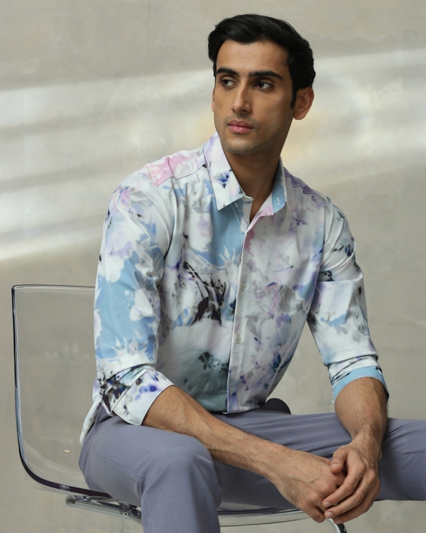 Multicolour Scuba Print Stretch Slim Fit Casual Shirt