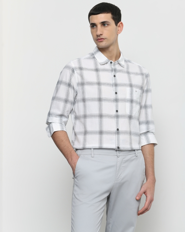 Grey Seersucker Check Slim Fit Casual Shirt