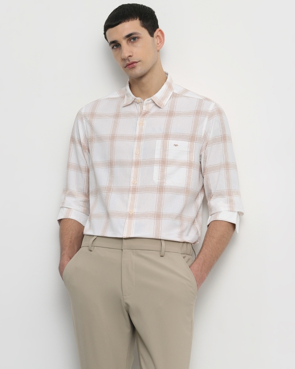 Beige Seersucker Check Slim Fit Casual Shirt