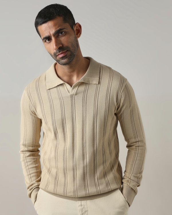 Beige Textured Slim Fit Flatknit