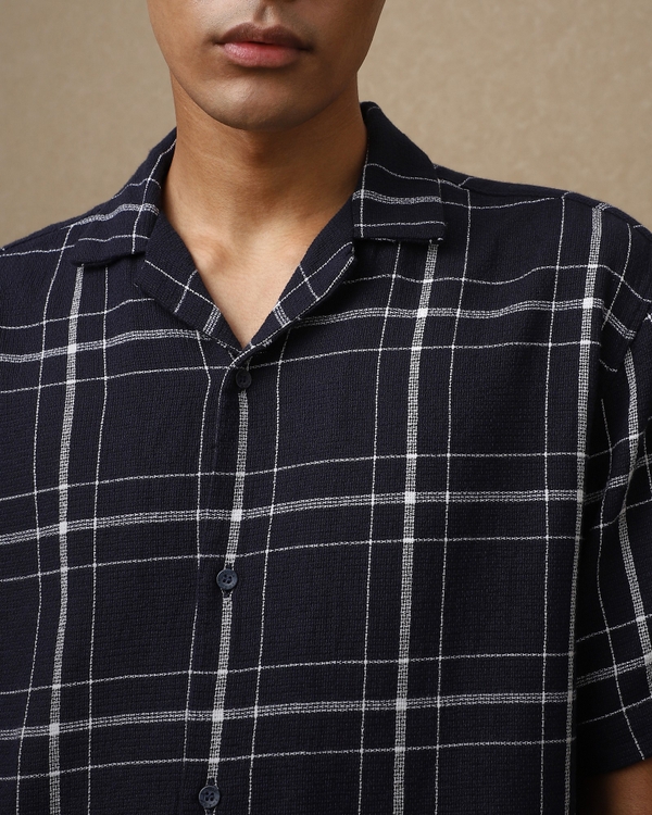 Navy Large Check Loose Fit Casual Shirt