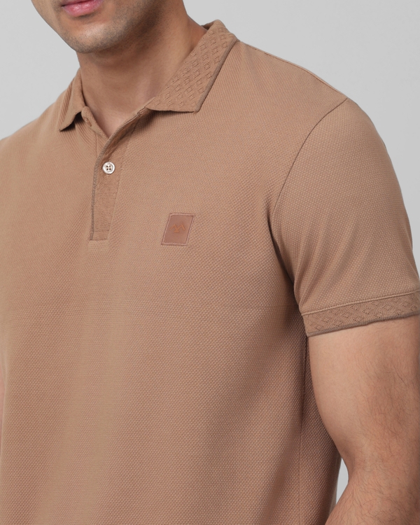 Brown Textured Plain Slim Fit Polo