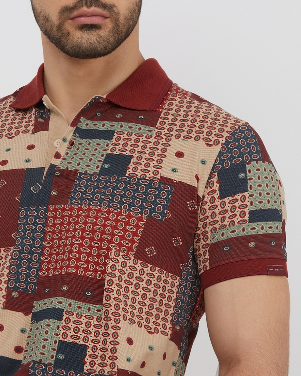 Red Patchwork Print Slim Fit Pique T-Shirt
