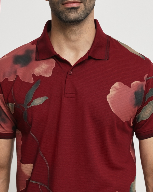 Maroon Floral Print Slim Fit T-Shirt