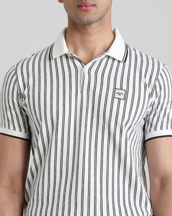 White Terry-Towel Stripe Slim Fit T-Shirt