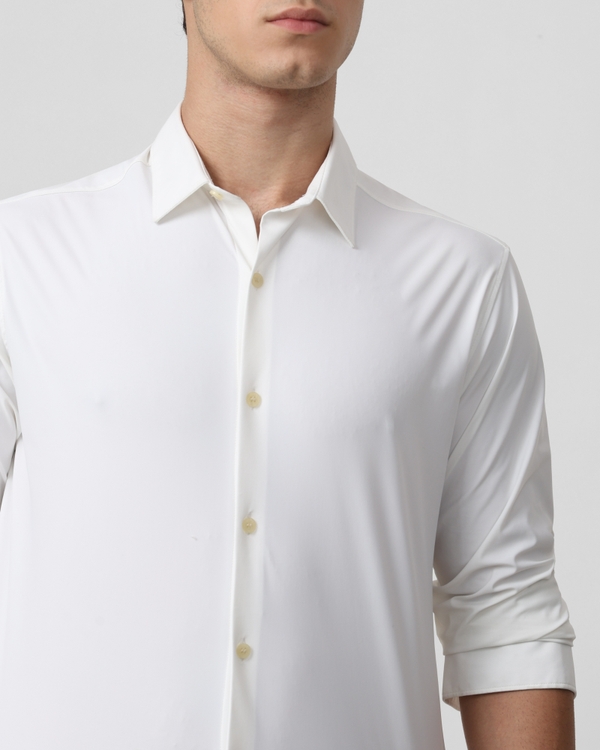 White Scuba Stretch Plain Slim Fit Casual Shirt