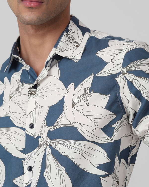 Teal Floral Print Slim Fit Casual Shirt