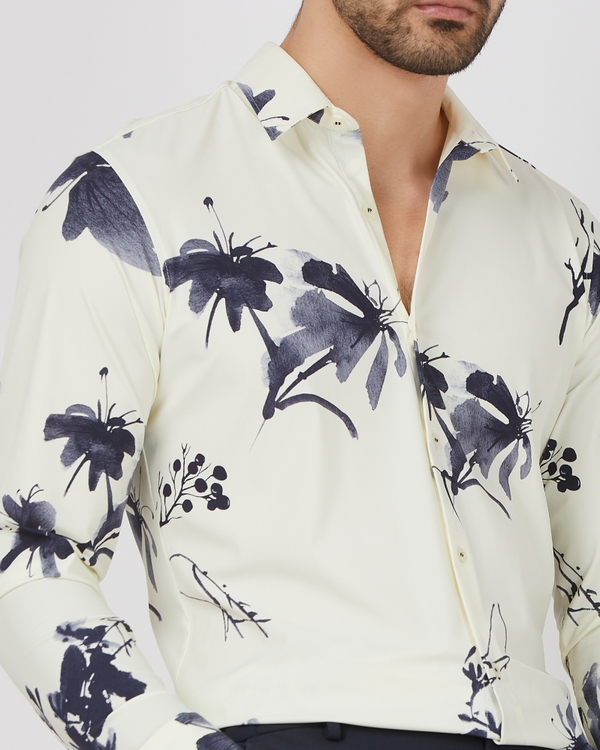 Off White Floral Print Stretch Slim Fit Casual Shirt