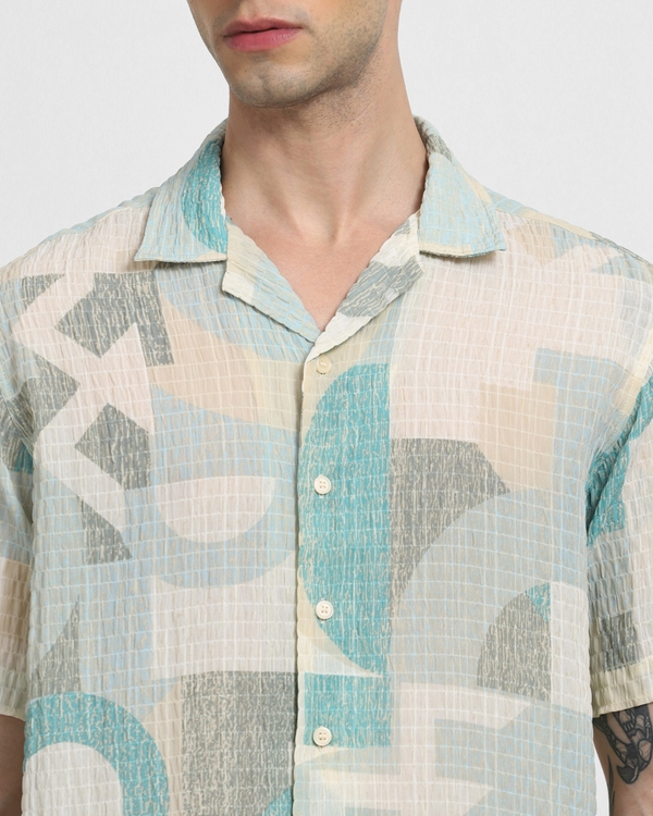 Sage Textured Print Relaxed Fit Casual Shirt