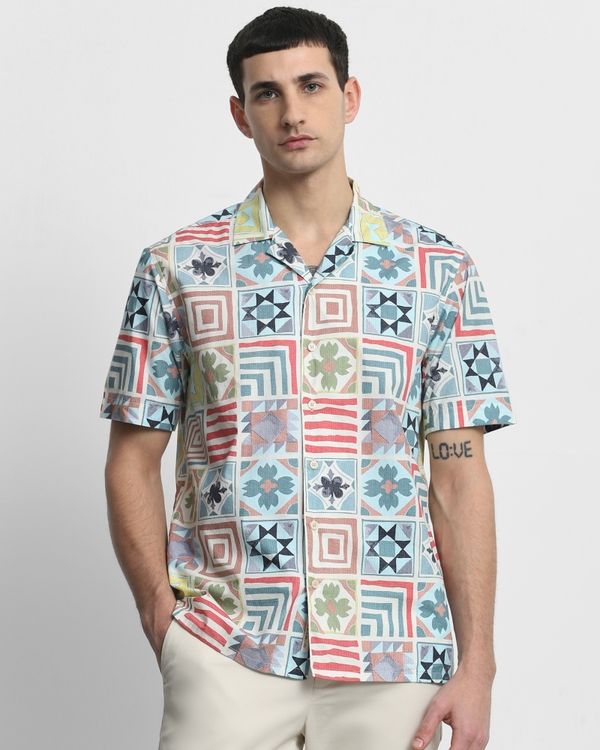 Multi Tile Print Relaxed Fit Casual Shirt