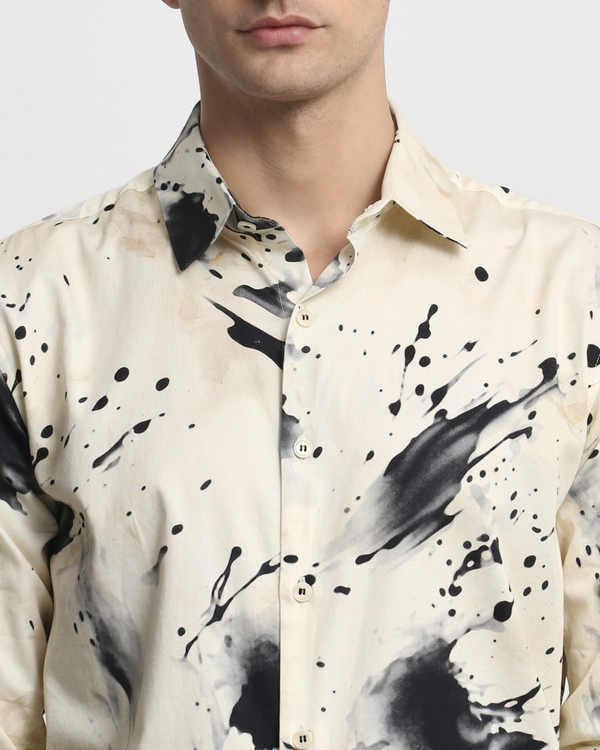 Beige Splatter Print Slim Fit Casual Shirt