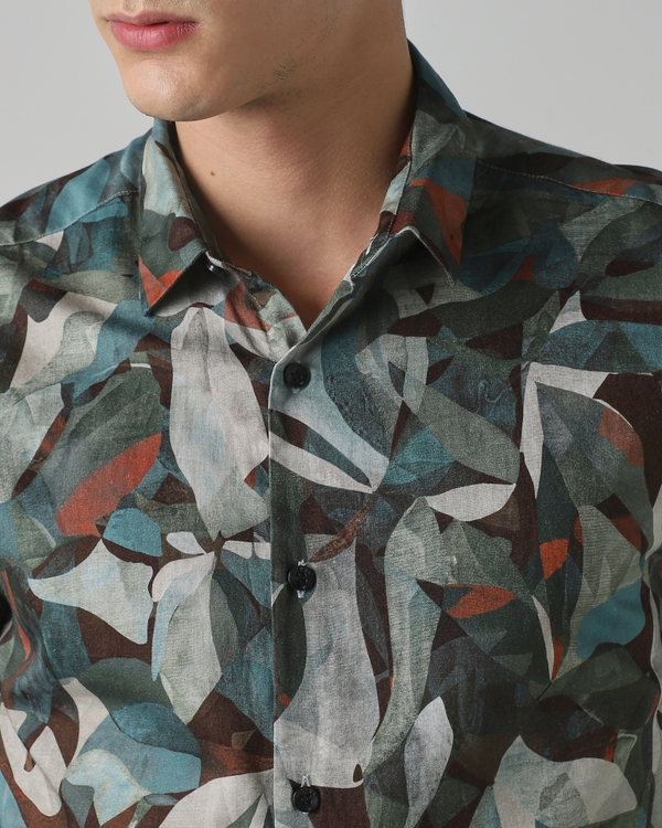 Olive Digital Print Slim Fit Casual Shirt