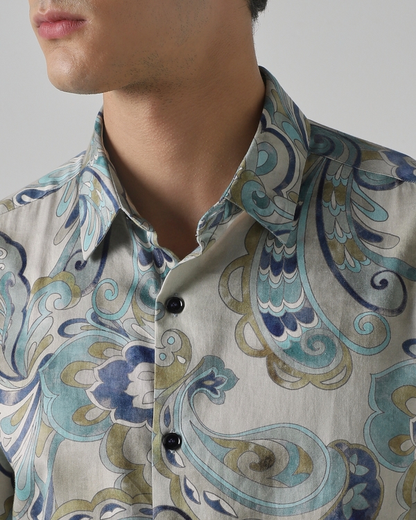 Teal Leaf Print Slim Fit Casual Shirt