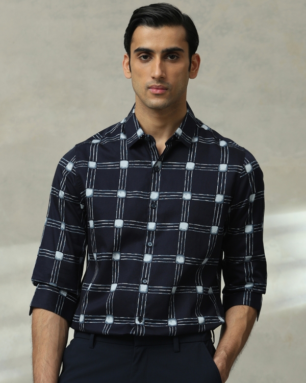 Navy Printed Check Slim Fit Casual Shirt