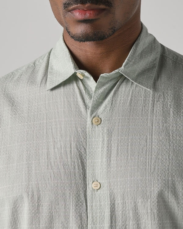 Light Green Textured Check Slim Fit Casual Shirt