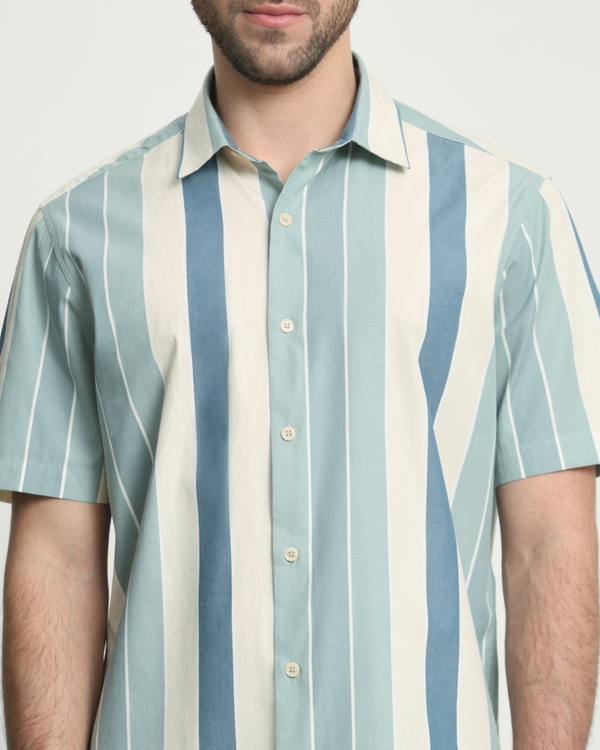 Light Olive Wide Stripe Slim Fit Casual Shirt