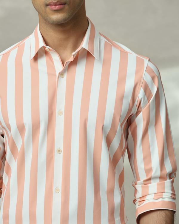 Peach Scuba Stripe Stretch Slim Fit Casual Shirt