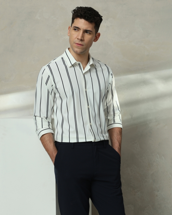 White Scuba Stripe Stretch Slim Fit Casual Shirt