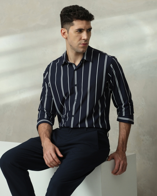 Navy Scuba Stripe Stretch Slim Fit Casual Shirt