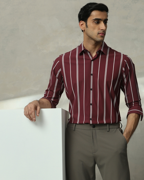 Maroon Scuba Stripe Stretch Slim Fit Casual Shirt