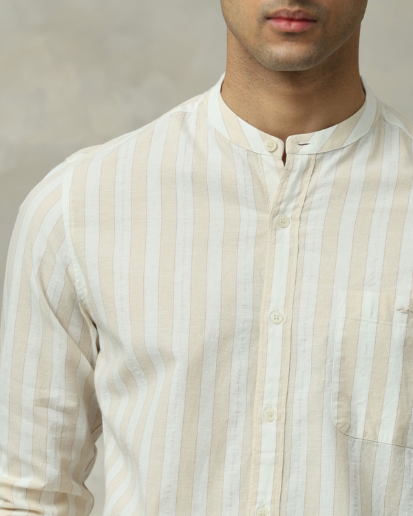 Beige Cotton Linen Stripe Slim Fit Casual Shirt