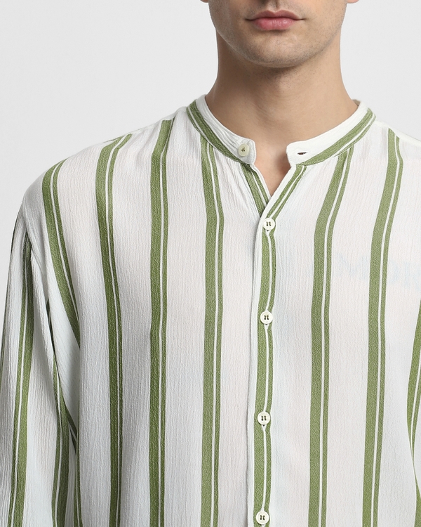 Olive Textured Stripe Slim Fit Casual Shirt