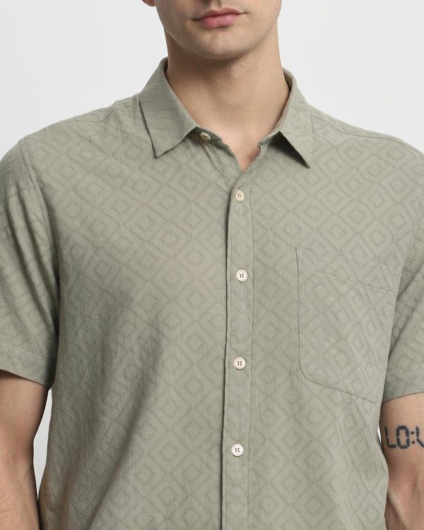 Grey Textured Plain Slim Fit Casual Shirt