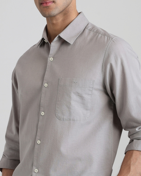 Light Grey Cotton Linen Plain Slim Fit Casual Shirt