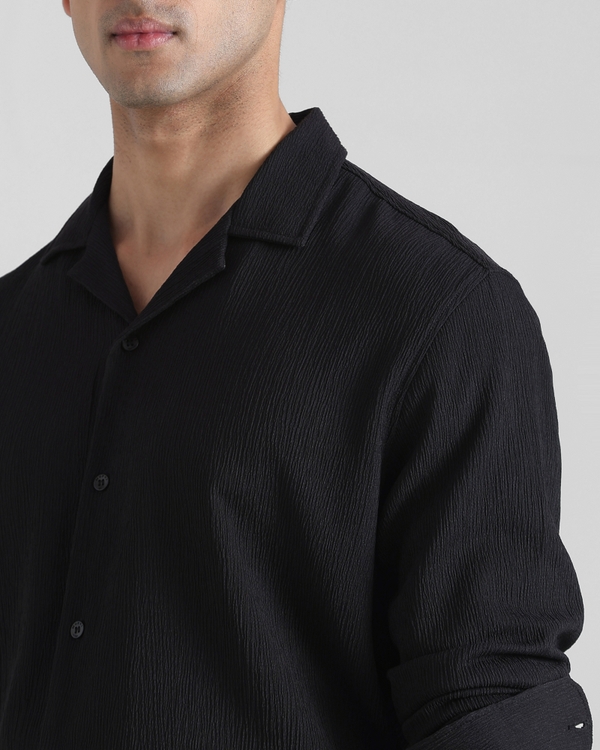 Black Textured Plain Slim Fit Casual Shirt