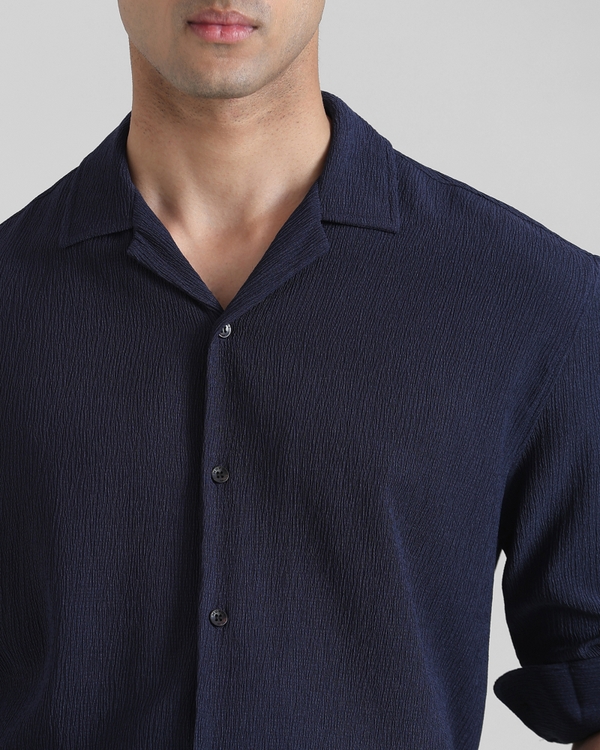 Navy Textured Plain Slim Fit Casual Shirt