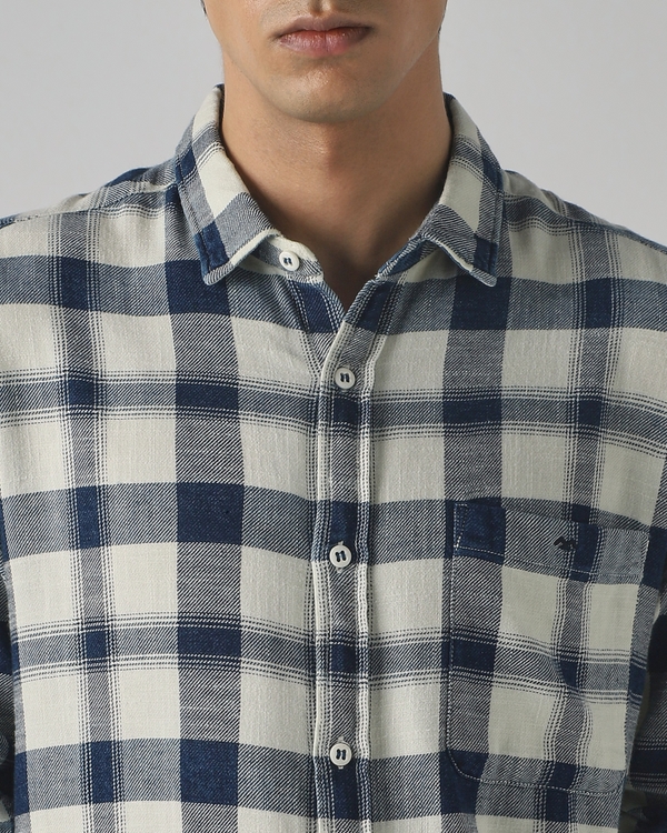 Mid Blue Denim Check Slim Fit Casual Shirt
