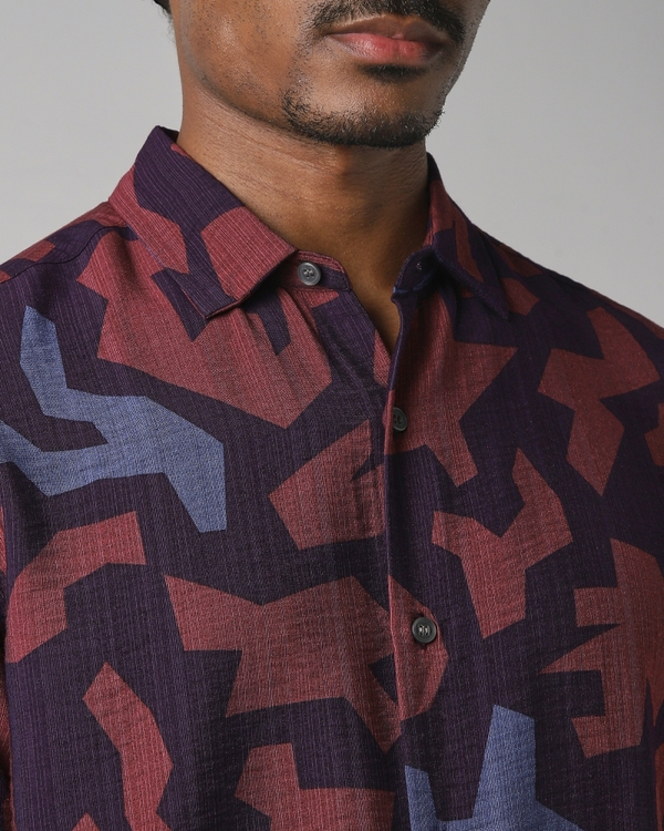 Plum Abstract Print Slim Fit Casual Shirt