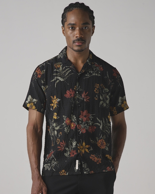 Black Printed Crinkle Stretch Shirt