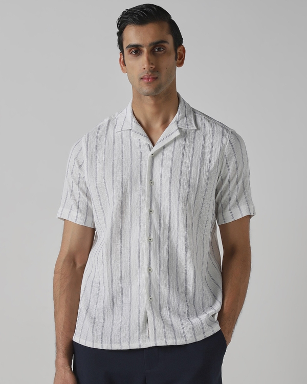 White Crinkle Stripe Stretch Shirt