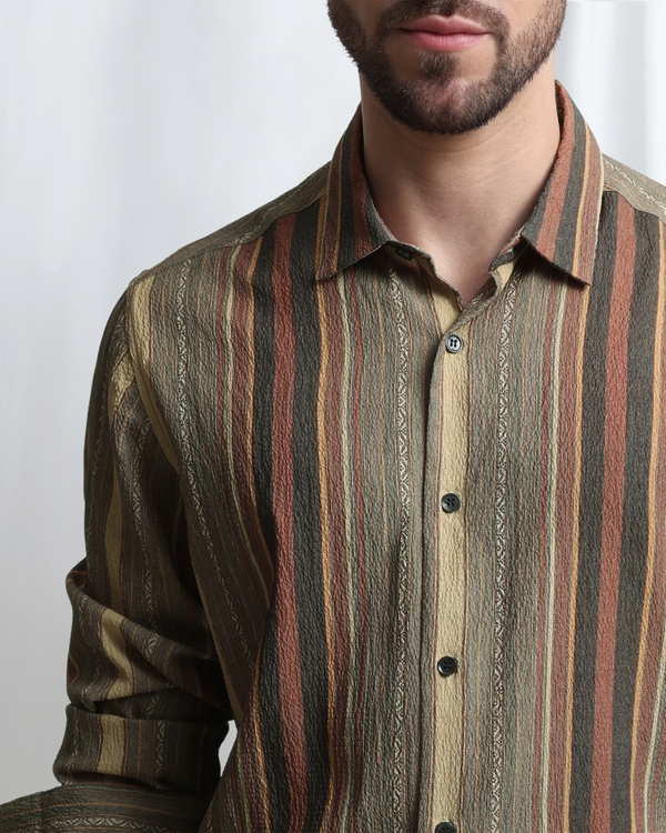 Olive Textured Stripe Slim Fit Casual Shirt
