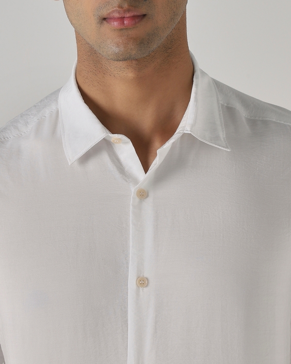 White Viscose Plain Slim Fit Casual Shirt