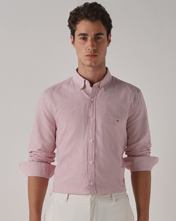 Red Button-Down Cotton Oxford Striped Shirt
