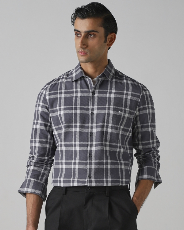 Grey Textured Check Slim Fit Casual Shirt