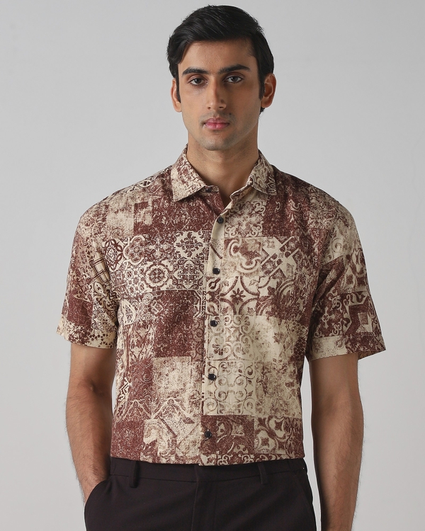 Brown Boho Print Cotton Linen Shirt
