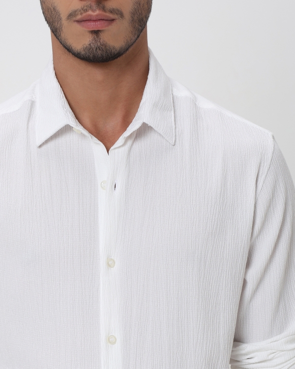 White Crinkle Plain Slim Fit Casual Shirt