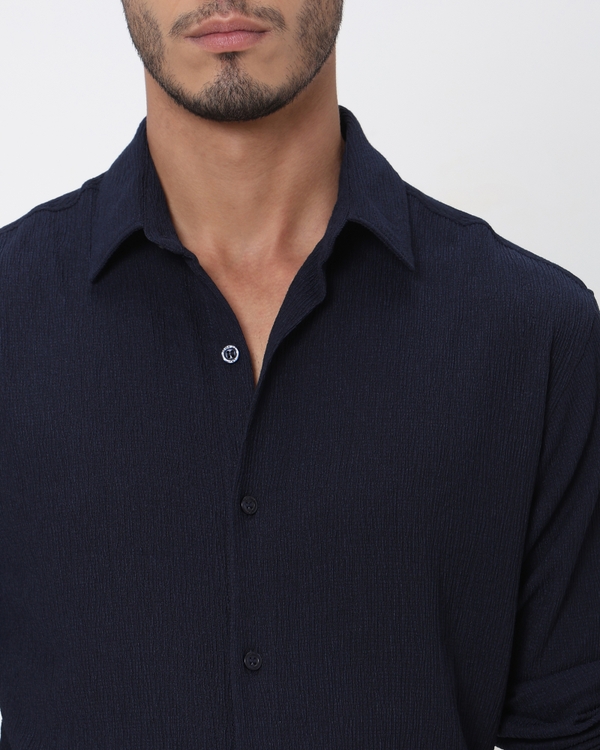 Navy Crinkle Plain Slim Fit Casual Shirt