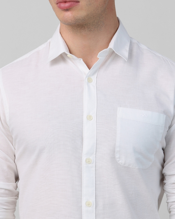 White Cotton Linen Plain Slim Fit Casual Shirt