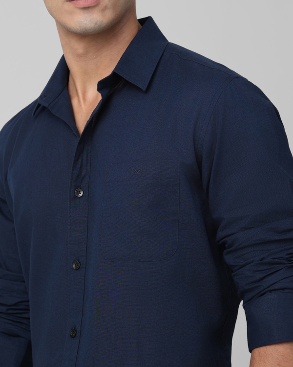 Navy Cotton Linen Plain Slim Fit Casual Shirt