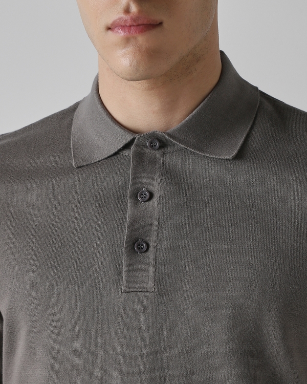 Grey Solid Flatknit Polo