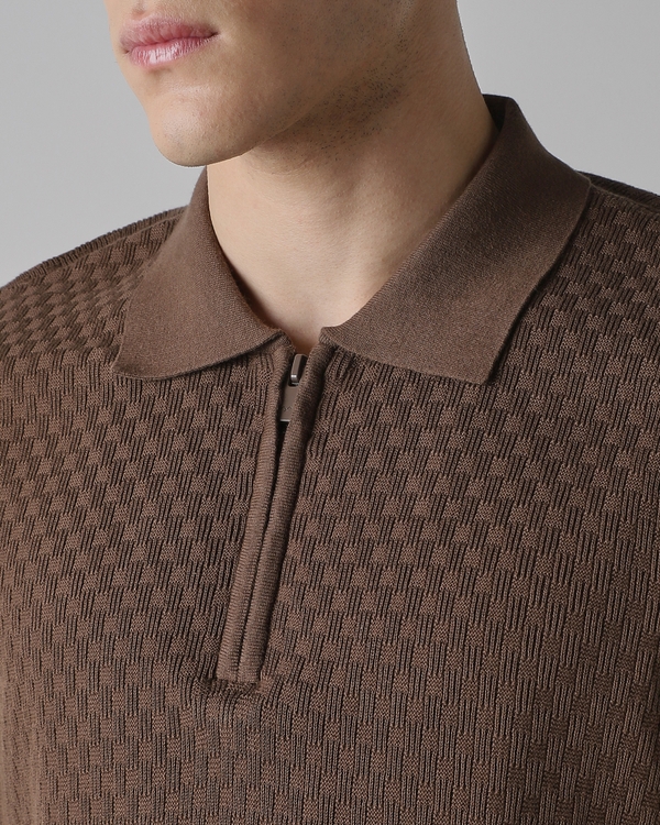 Light Brown Solid Cotton Half Zip Flatknit Polo