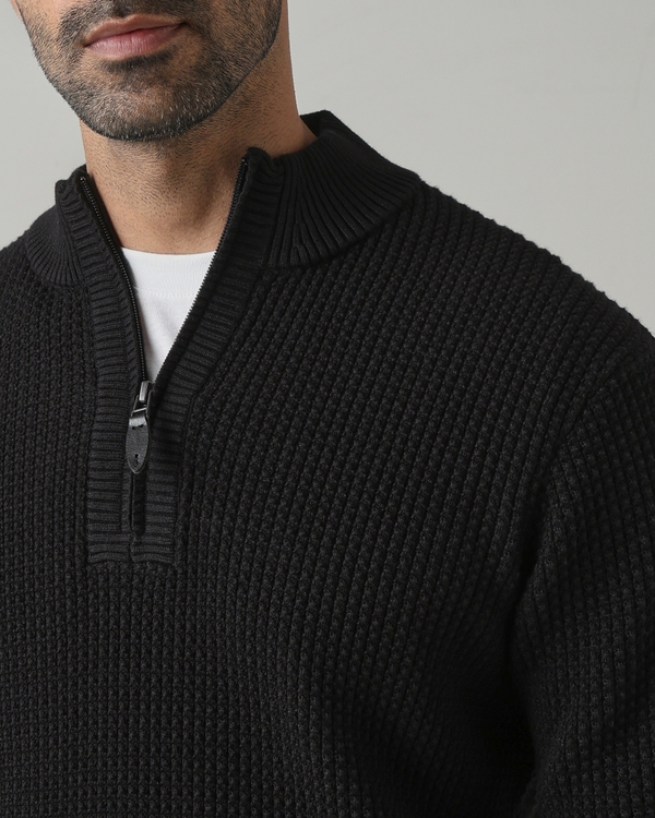 Black Textured Slim Fit Sweater