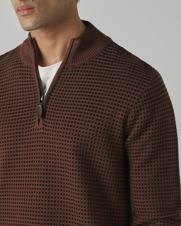 Brown Half Zip Slim Fit Sweater